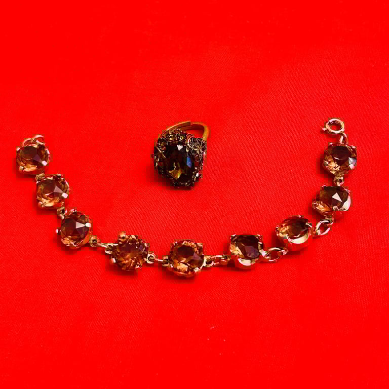 Gold-Tone Ring & Bracelet Set | Faceted Amber-Look Stones | Adjustable Ring. 