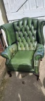 Stunning Green leather vintage Chesterfield wingback armchair 