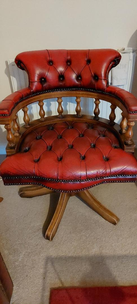 Vintage Red Leather Chesterfield Style Swivel Captains Chair