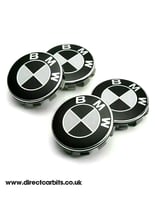 4X BMW BLACK AND WHITE ALLOY WHEEL CENTRE CAPS