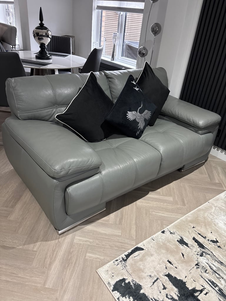 Immaculate Grey Superior Leather - 3 Seater Sofa, 2 Seater Sofa & Footstool