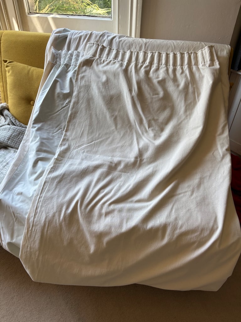 image for Pair of long cream curtains w/ antique brass pole