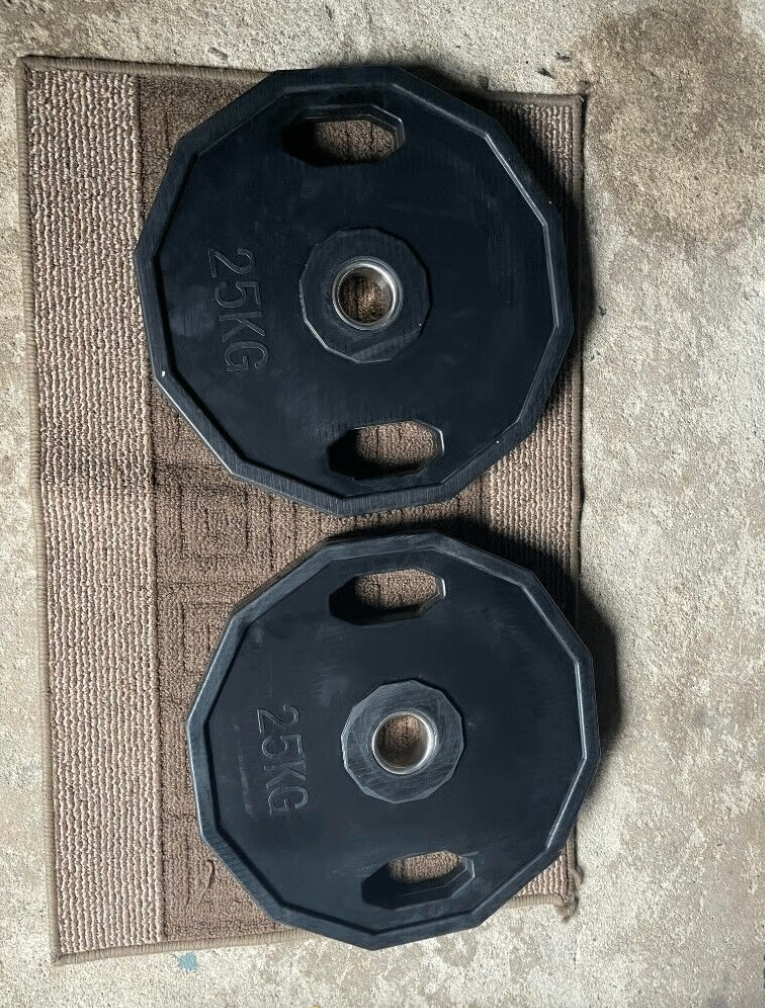 weight plates 25kg x 2 (squat rack, bench set, dumbbells, barbell available)