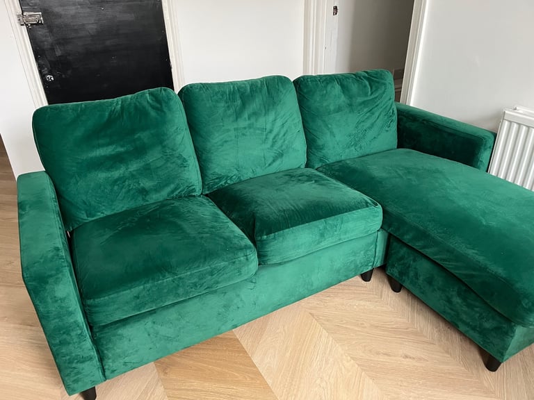 3 Seater Sofa with Reversible Chaise in Green Velvet