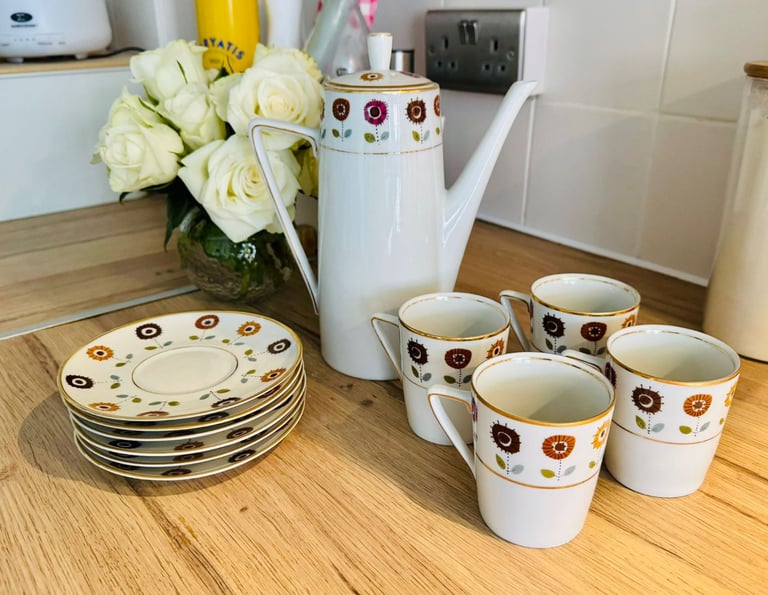 Vintage Walbrzych Poland porcelain coffee set - mint mid-century floral gold trim