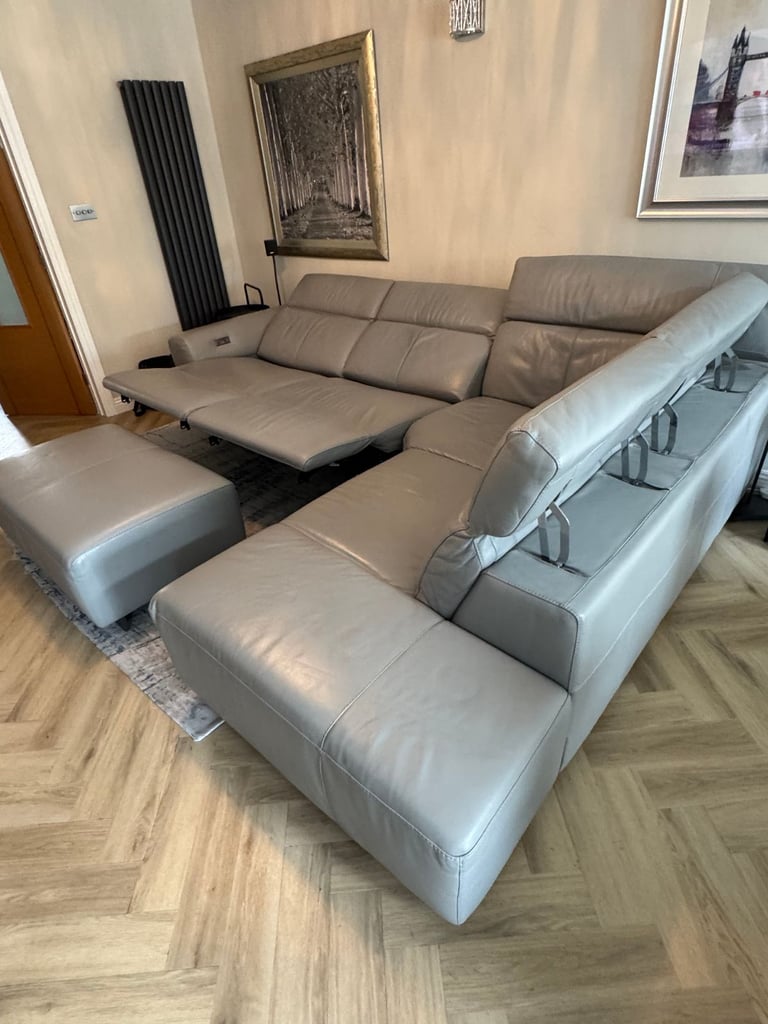 Corner sofa, light grey soft leather recliner & footstool, electrical adjustable head & leg rests