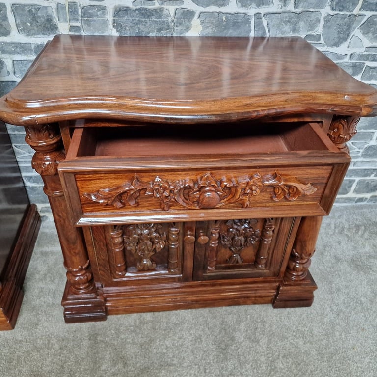 Pair of Hand-Carved Wooden Bedside Cabinets