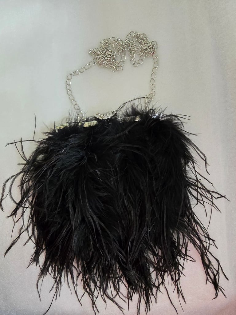 image for Black feather handbag, party / evening bag. Either clutch or shoulder bag
