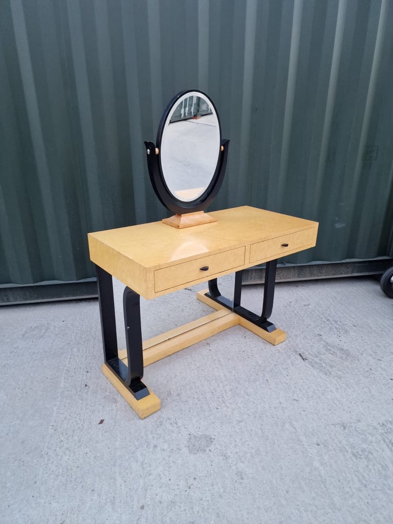Art Deco Style Maple Console Dressing Table With Freestanding Mirror