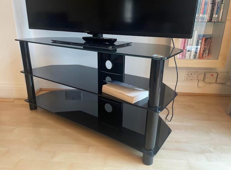 image for Black Glass 3-Tier TV Stand – £40 (Panasonic 50” TV also available)
