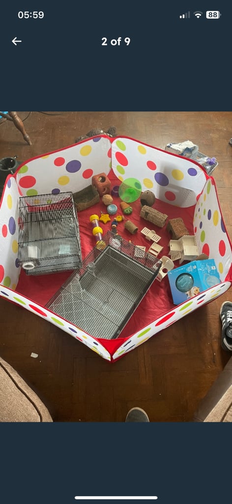 2 hamster cages ,equipment/ toys / treats / bedding etc