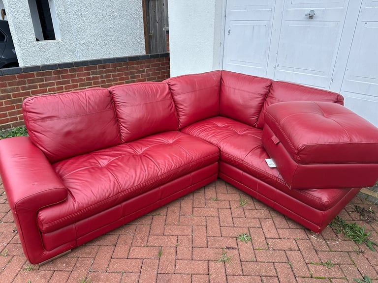 image for Red real leather corner sofa with footstool 