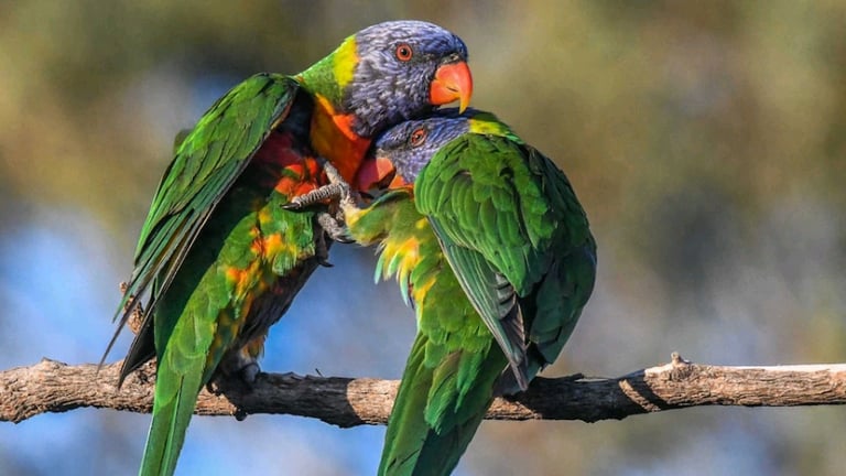 Red-collared lorikeet pair with cage