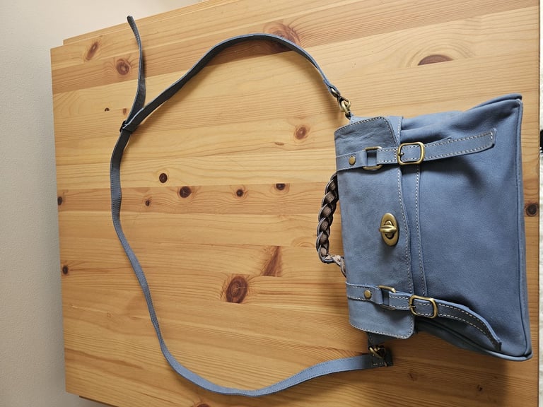 Blue leather satchel / cross body handbag