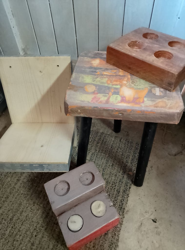 Scaffolding board shelf unit stool candle holders. industrial furniture bare wood new.