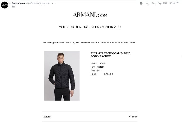 EMPORIO ARMANI - LIGHTWEIGHT DOWN JACKET - Size L - RRP: £155