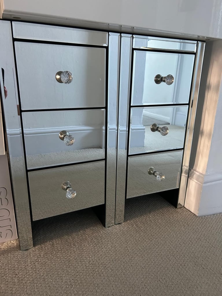 2 Glass mirror bedside tables with Zara diamonte handles 