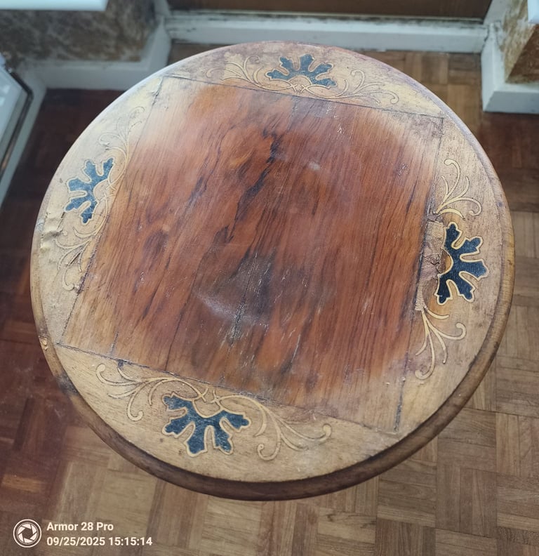 Vintage Wooden Sewing Table – Hinged Top & Pink‑Lined Storage