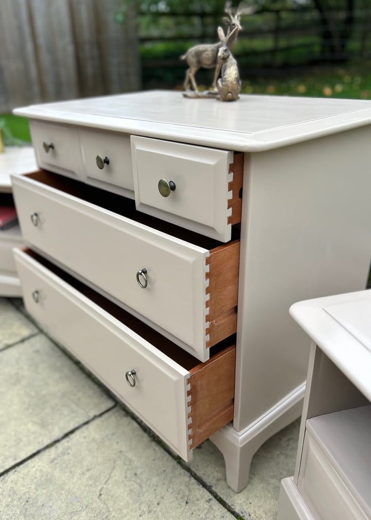 Upcycled Stag Minstrel chest of drawers and bedside cabinet set