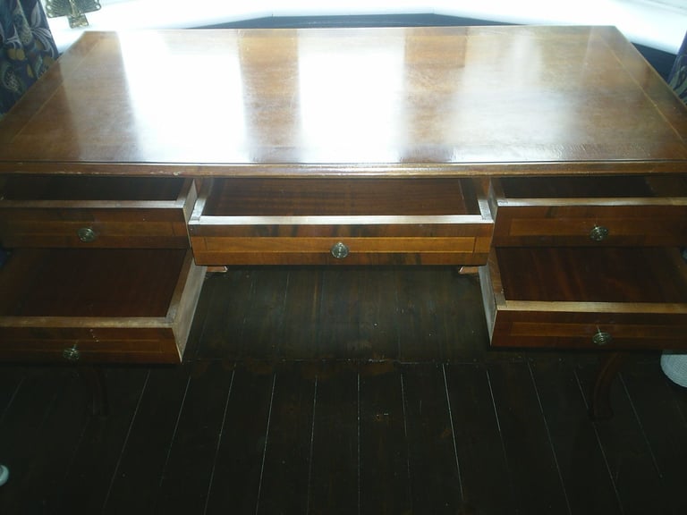 Writing Desk & Chair. Queen Ann Style 5 Drawer Walnut Desk & High Back Padded Chair 
