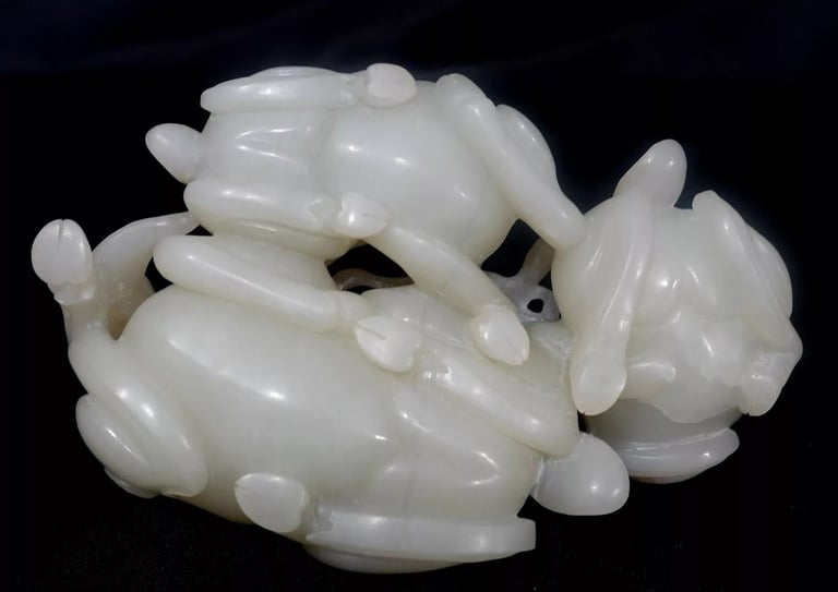 Antique Large & Heavy Chinese Hetain White/G Jade Carved Group "3 Rams" 19th C