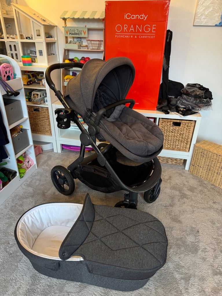 Icandy orange pushchair & carrycot with accessories
