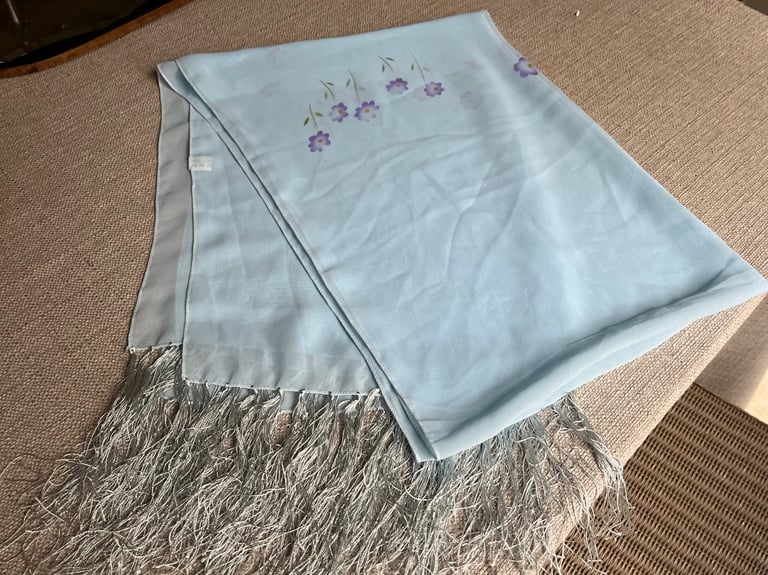 Ladies Light Blue Floral Scarf (with Tassels) -