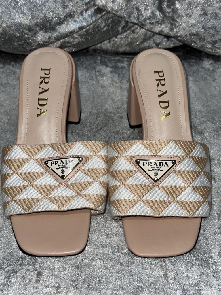 image for Brand new Authentic PRADA logo triangle pattern embroidered fabric block heel sandal women size 37