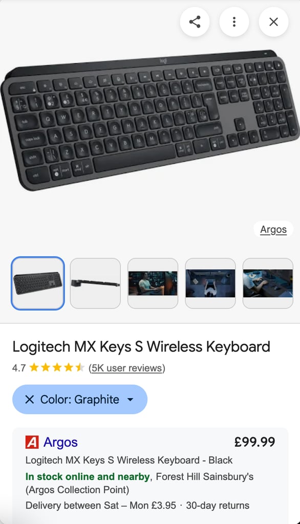 Logitech MX Keys Keyboard. Used once RRP £100