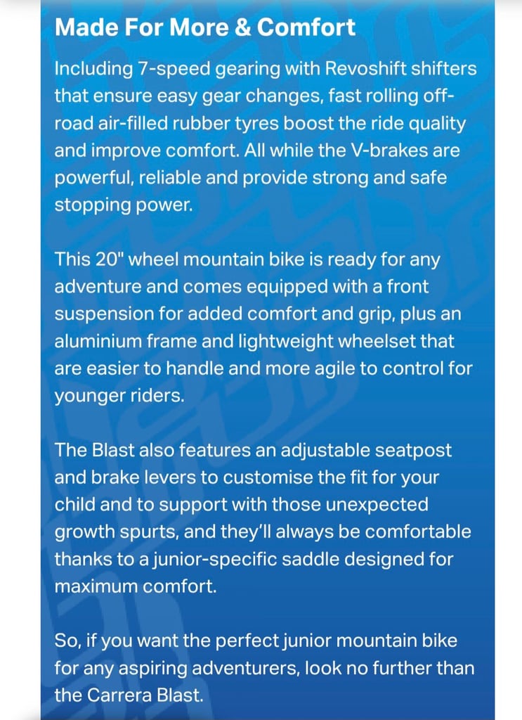 Carrera Blast junior mountain 20 inch wheels 7 speed as new currently £315 in Halfords 