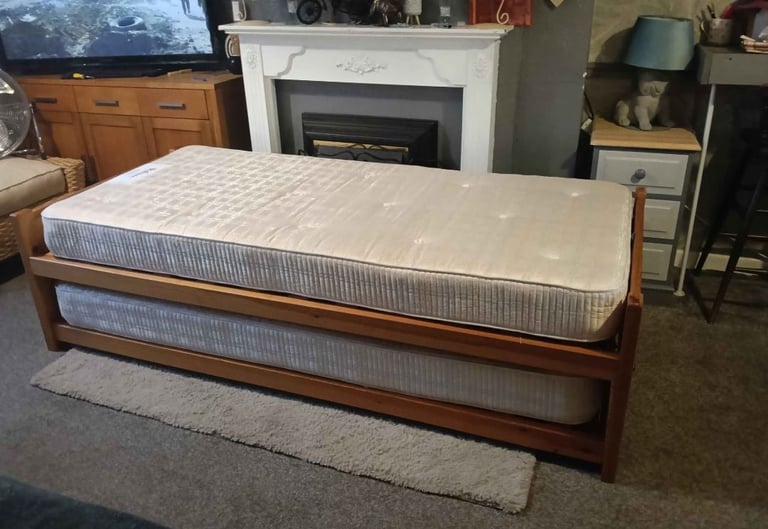 image for Pine single bed with mattress and trundle bed with mattress
