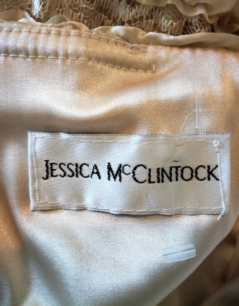 NEW JESSICA McCLINTOCK LACE DRESS Embellished Gold Satin Lined Ribbon Strapless Maxi Long Gown PROM