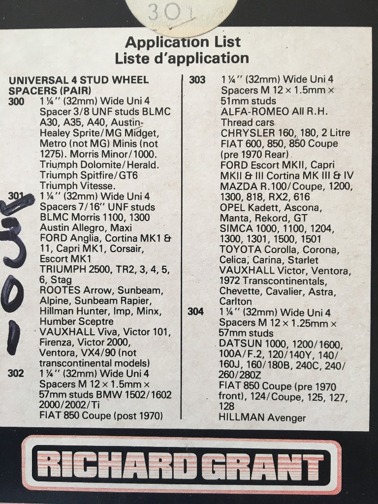 Richard Grant Wheel Spacers Part number 301 details in image