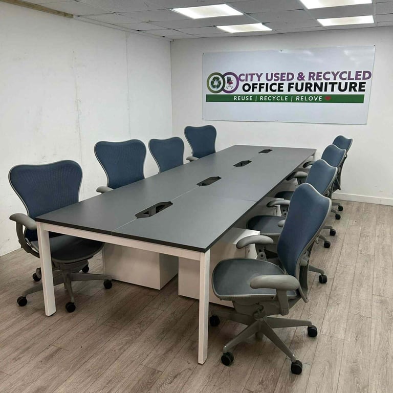 8-Person Bench Desking – Grey/White, Scalloped Tops for Cable Management