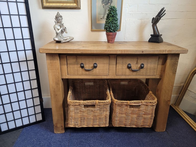 image for Lovely large reclaimed wood Butchers block side table with drawers and 2 wicker baskets  