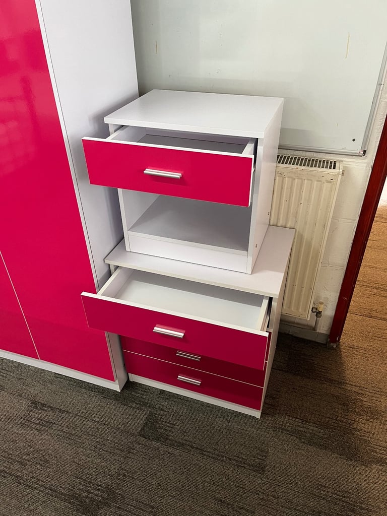 Pink & White Two Door Wardrobe Chest & Bed Side Cabinet 