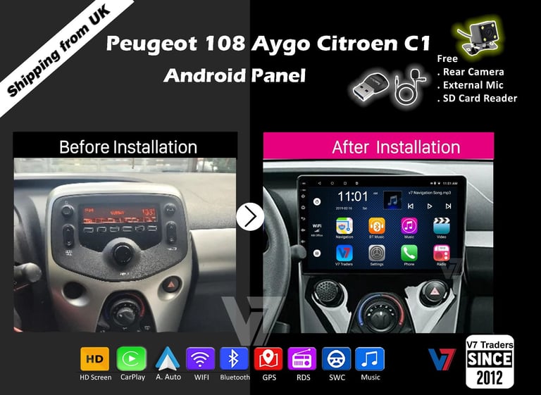 Toyota Aygo Peugeot 108 Citroen C1 CARPLAY Android Auto HD Screen Head Unit GPS Stereo LCD Panel V7