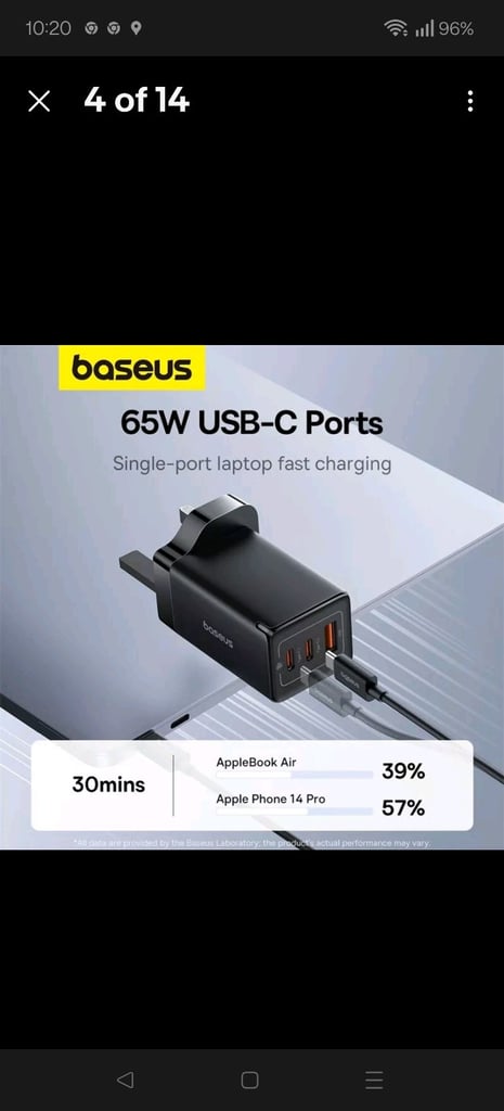 💥 Baseus 65W GaN5 Fast Charger QC4.0 PD AFC Adapters x 2 & extra usb c cables x 2 Brand New Sealed 