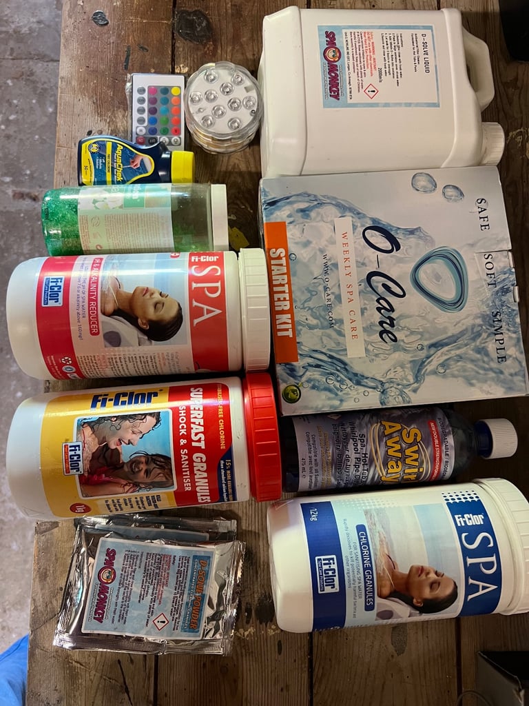 Spa Hot Tub treatments including shock and sanitiser, alkalinity reducer and Chlorine granules