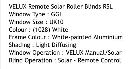 Velux Solar Blind RSL UK10 1028 SWL White