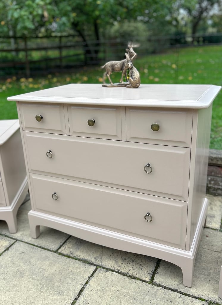 Upcycled Stag Minstrel chest of drawers and bedside cabinet set