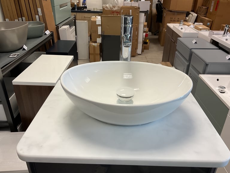 Roper Rhodes Anthracite wall hung vanity 600, Carrara marble like counter, basin, mixer & waste