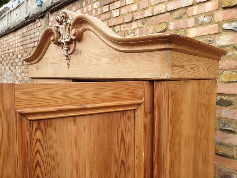 Elegant Antique French Armoire Two Door Wardrobe solid stripped pine wood