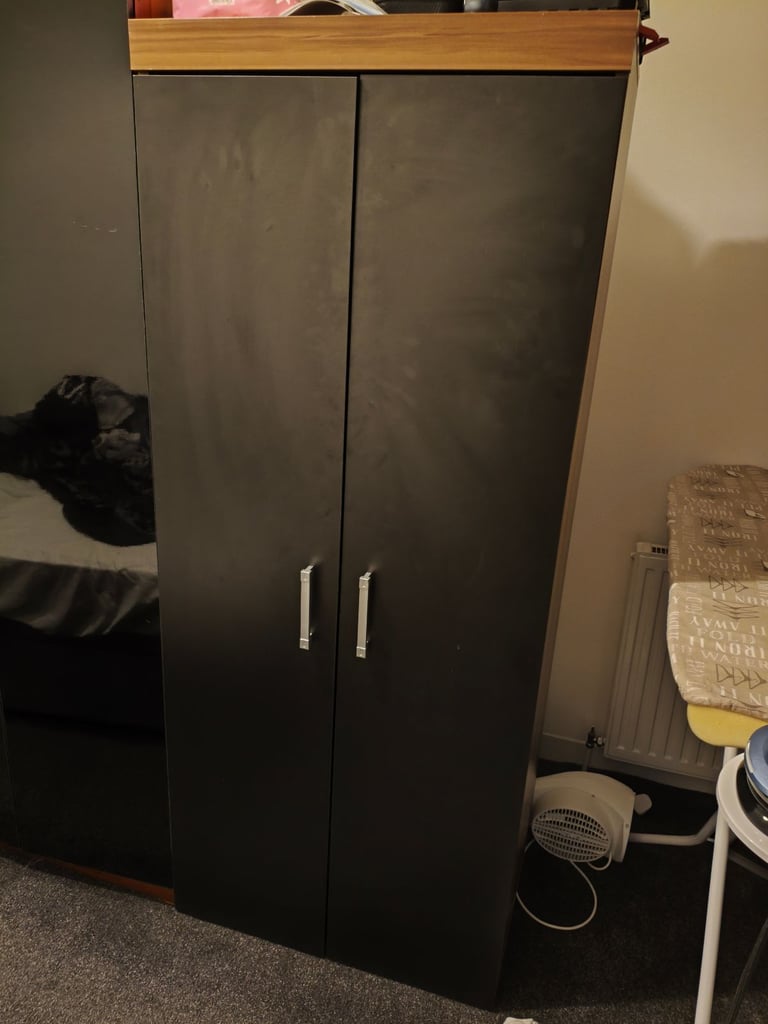 image for Modern Black 2 Door Wardrobe – Great Condition + 5 Free Wooden Hangers/Sale