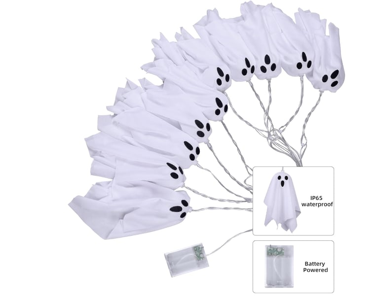 Halloween Ghost String Lights with Remote, 10 LED Hanging Ghost Lights with Fabric, 8 Modes