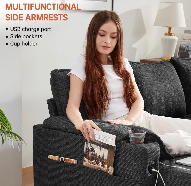 Luxury. All-in-One Sofa Bed with USB, Cupholders, Ottoman & Storage Armrests.