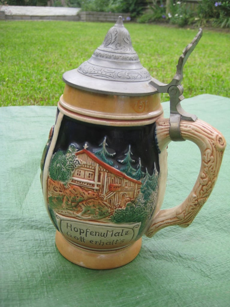 Decorated German Style Beer Mug with Pewter Lid for £10.00