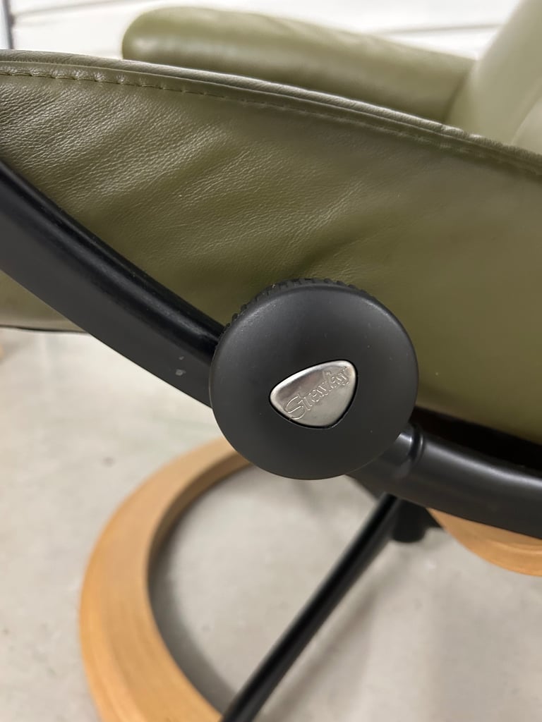 Ekornes Stressless Medium Signature Wing Dark Olive Leather Chairs & Footstool