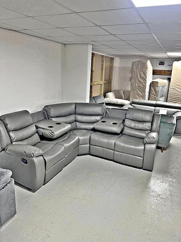 image for ]] Corner Sofa Bed - 5 Seater Roma Leather Recliner Sofa - Grey / Black Color - Today Delivery ]]