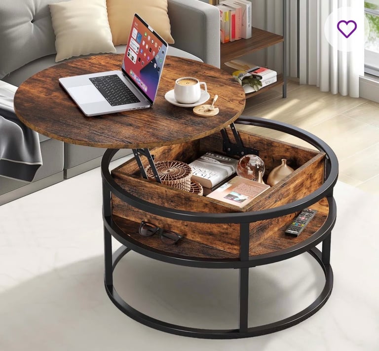 image for Round Lift Top Coffee Table with Storage Wood for Home Living Room Office Brown